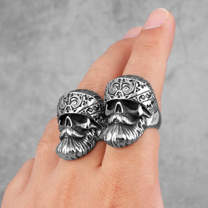 Big Beard Hippie Skull Ring – Stainless Steel Punk Biker Jewelry for Men, Cool Hip‑Hop Style Gift