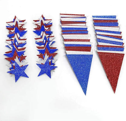 Fourth of July Glitter Star Garland – Red, Blue, Silver & White Triangle Banner for Independence Day Decor