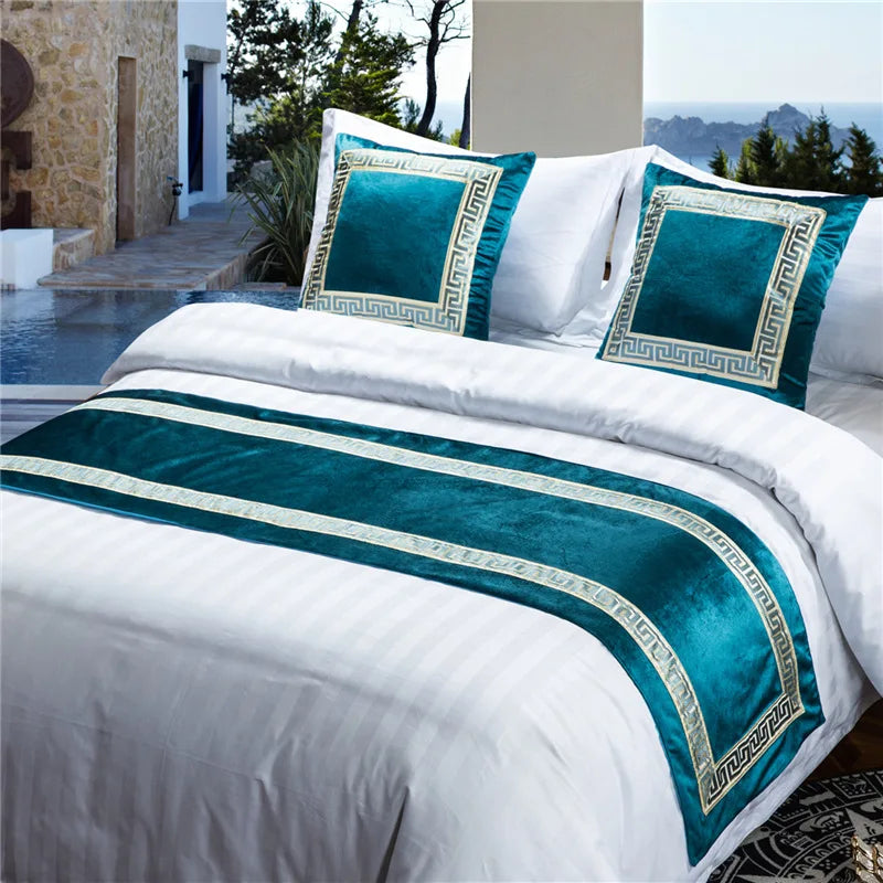 High-grade Pure Color Embroidery Bed Runners New Chinese Style Velvet Throw Runners Golden Red Bed Flag Covers Pillowcases