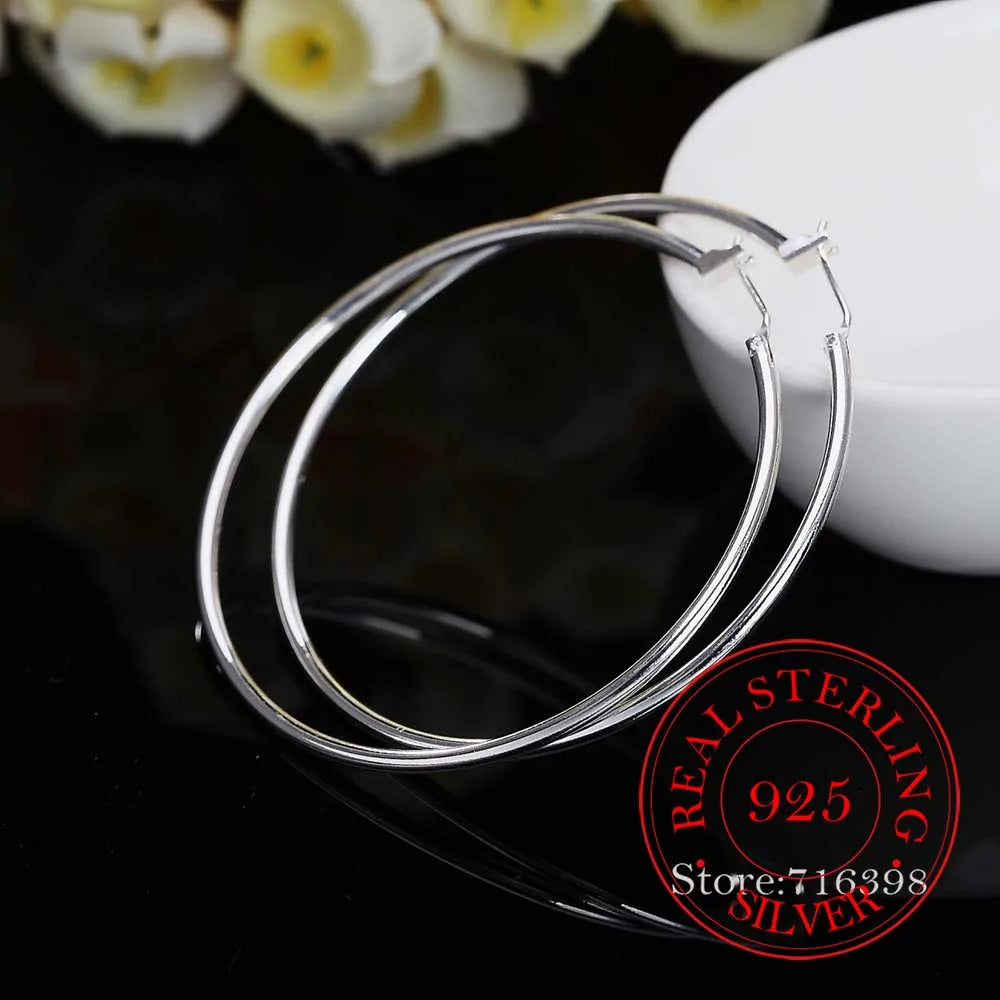 100% 925 Sterling Silver Hoop Earrings – Korean Smooth Big Circle Vintage Style for Women, Party & Wedding Jewelry Gift
