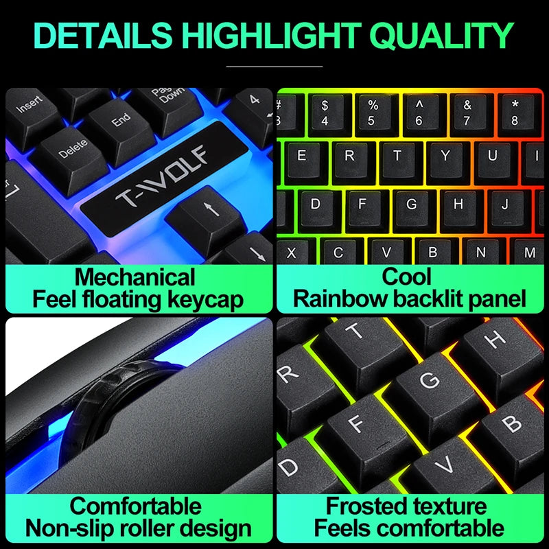 T-WOLF TF230 White Black Wired Gaming Keyboard Mouse Set 104 Keys Gaming Mouse Keyboard for Office Work Computer Accessories