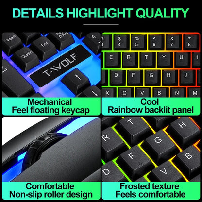 T-WOLF TF230 White Black Wired Gaming Keyboard Mouse Set 104 Keys Gaming Mouse Keyboard for Office Work Computer Accessories