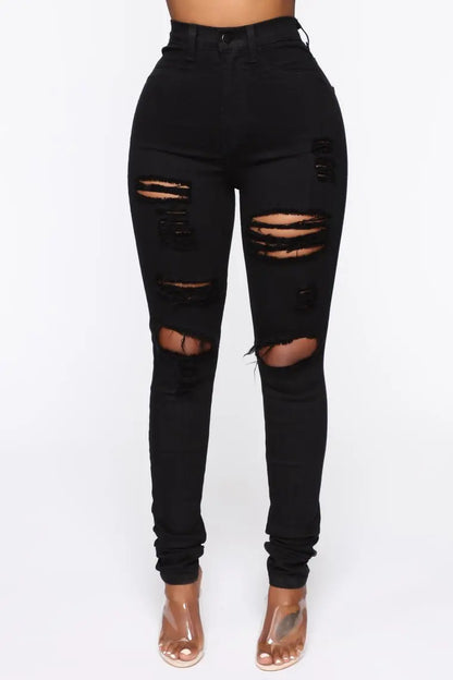 Women Fashion High Waist Denim Ripped Slim Stretch Jeans XS-XL