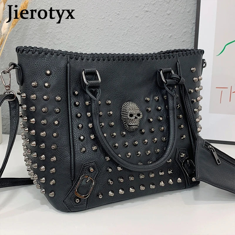 Women’s Leather Crossbody Bag – Skull Rivet Gothic Style, Large Capacity