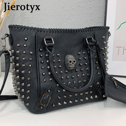 Women’s Leather Crossbody Bag – Skull Rivet Gothic Style, Large Capacity