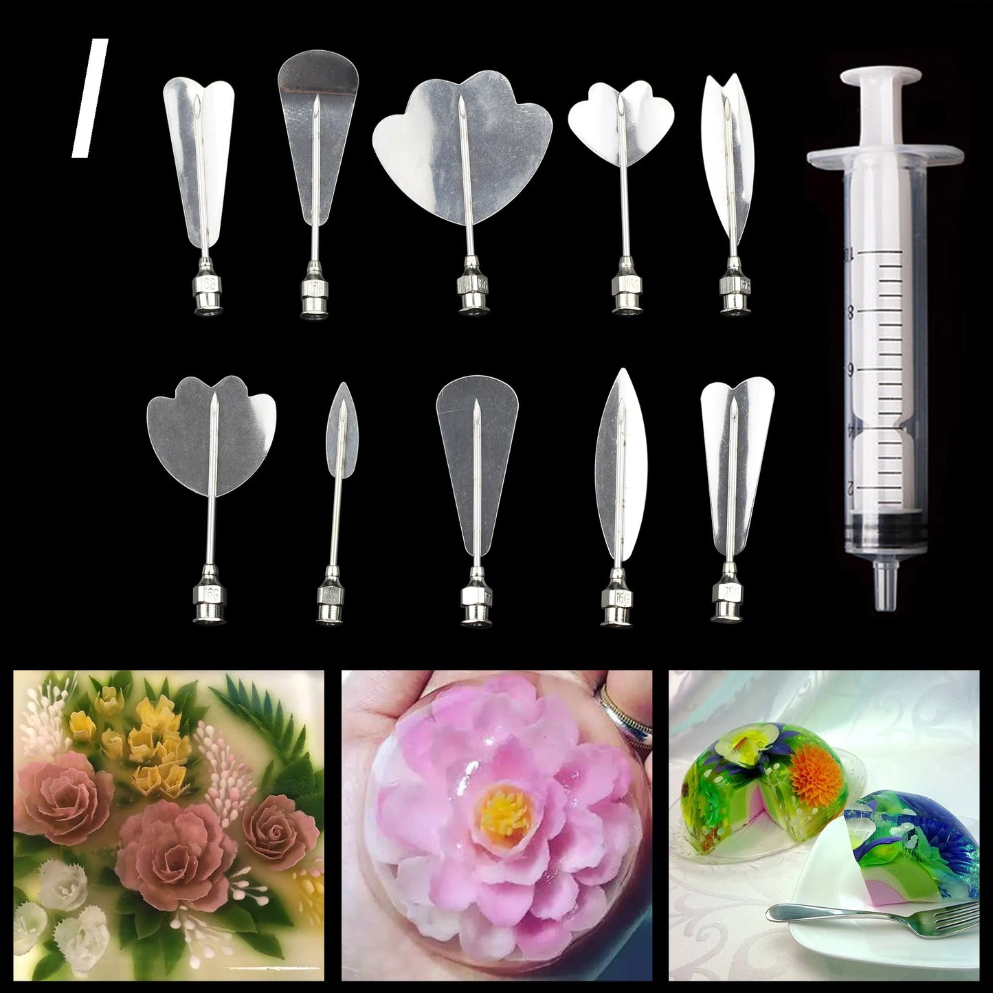14 style 3D Gelatin Cake  Mold Jelly Art Pudding Flowers Stainless Steel Nozzle Syringe  Needle Kit Cake Decorating Tools