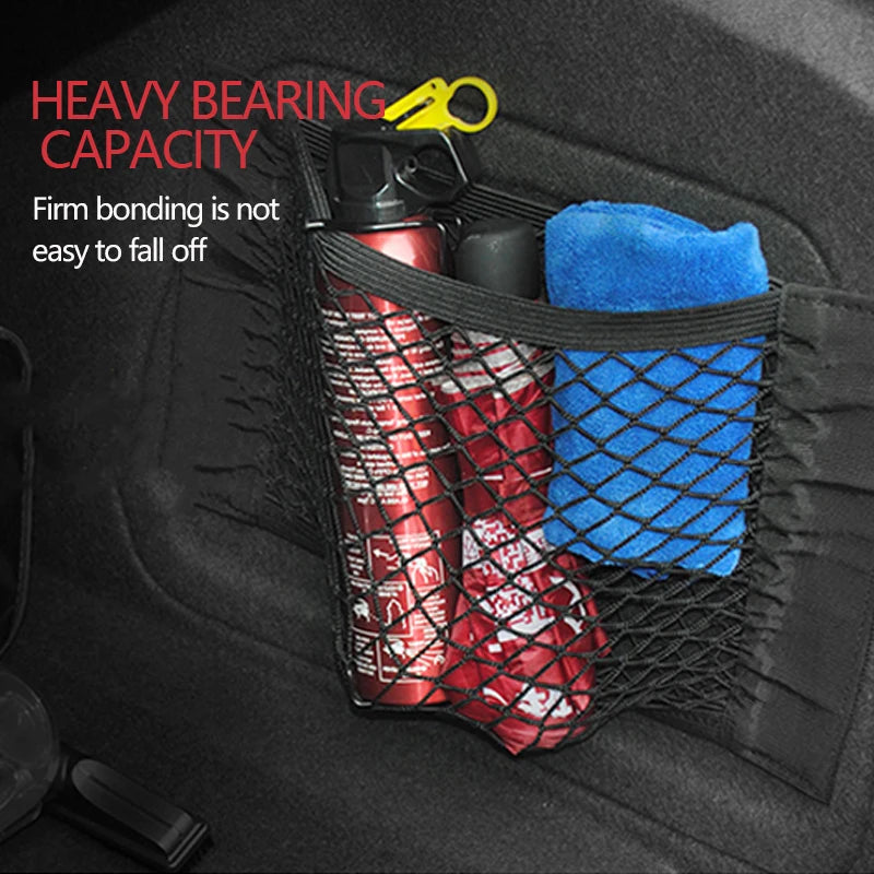 Universal Car Trunk Mesh Organizer – Tailgate Storage Net & Seat‑Back Pocket with Magic Tape