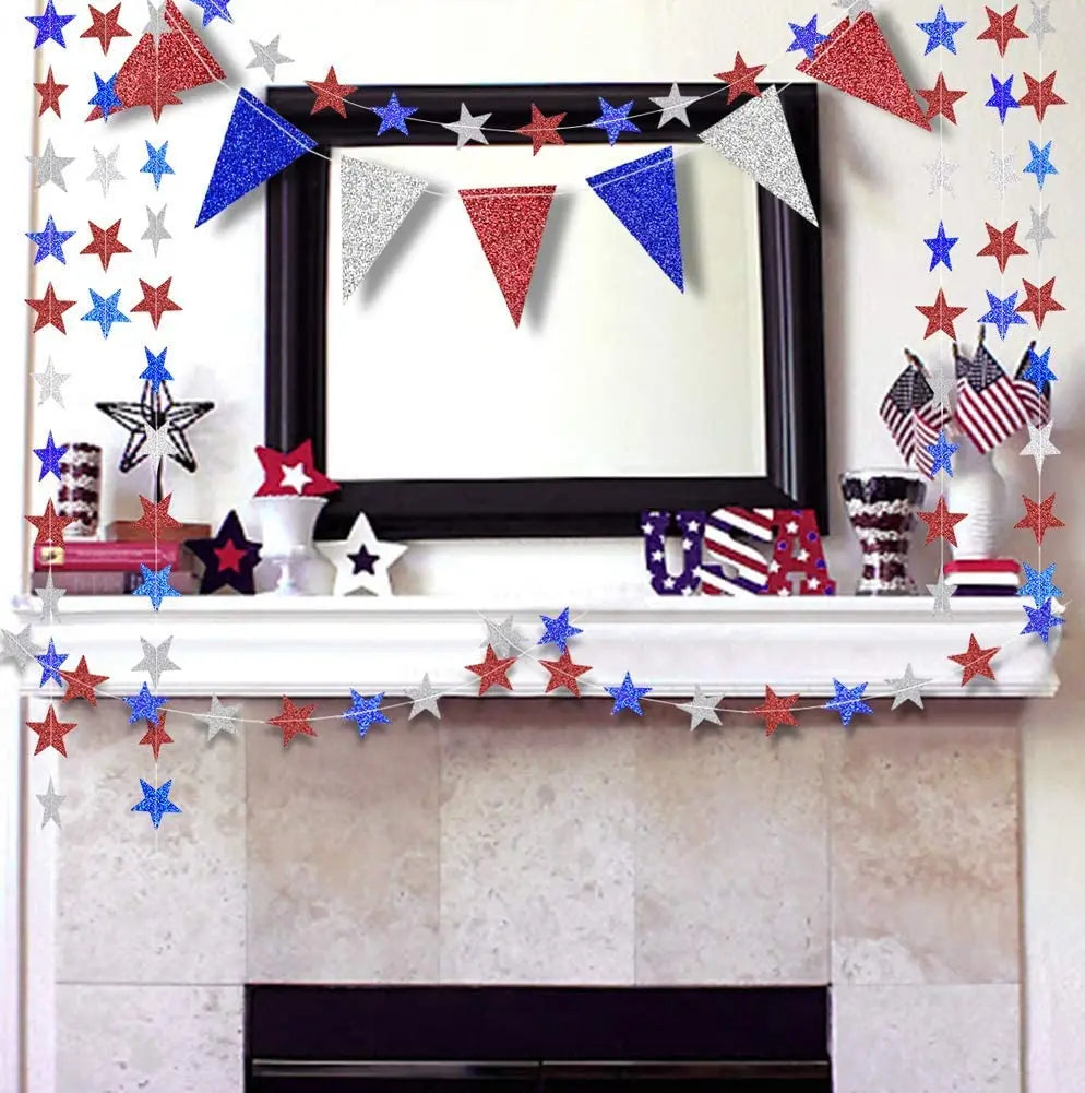 Fourth of July Glitter Star Garland – Red, Blue, Silver & White Triangle Banner for Independence Day Decor