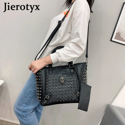 Women’s Leather Crossbody Bag – Skull Rivet Gothic Style, Large Capacity