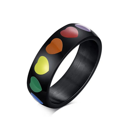 6mm Stainless Steel Rainbow Heart Eternity Ring – Enamel Unisex Wedding Band (Size 5–12)