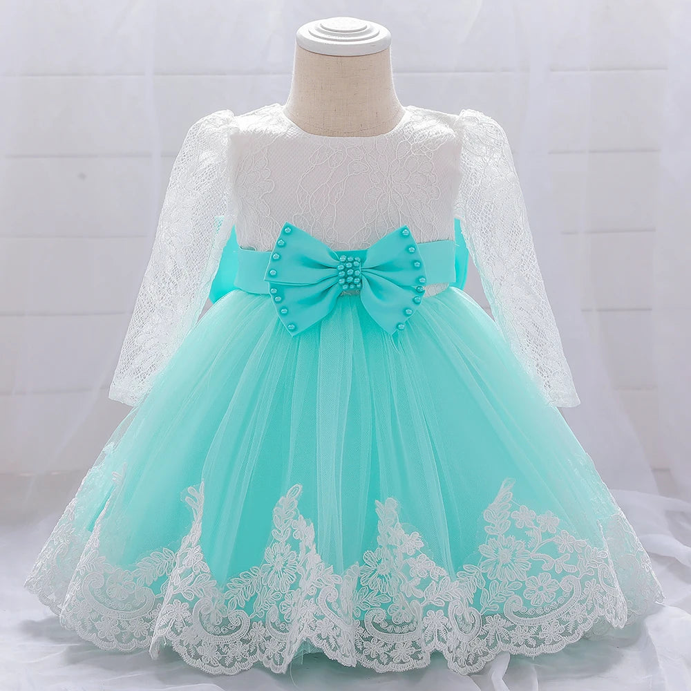 Long Sleeve Baby Girls Dress Newborn White Baptism Tulle Party Wedding 1st Birthday Princess Dresses Infant Girls Bow Prom Gown