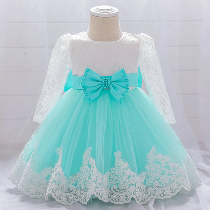Long Sleeve Baby Girls Dress Newborn White Baptism Tulle Party Wedding 1st Birthday Princess Dresses Infant Girls Bow Prom Gown