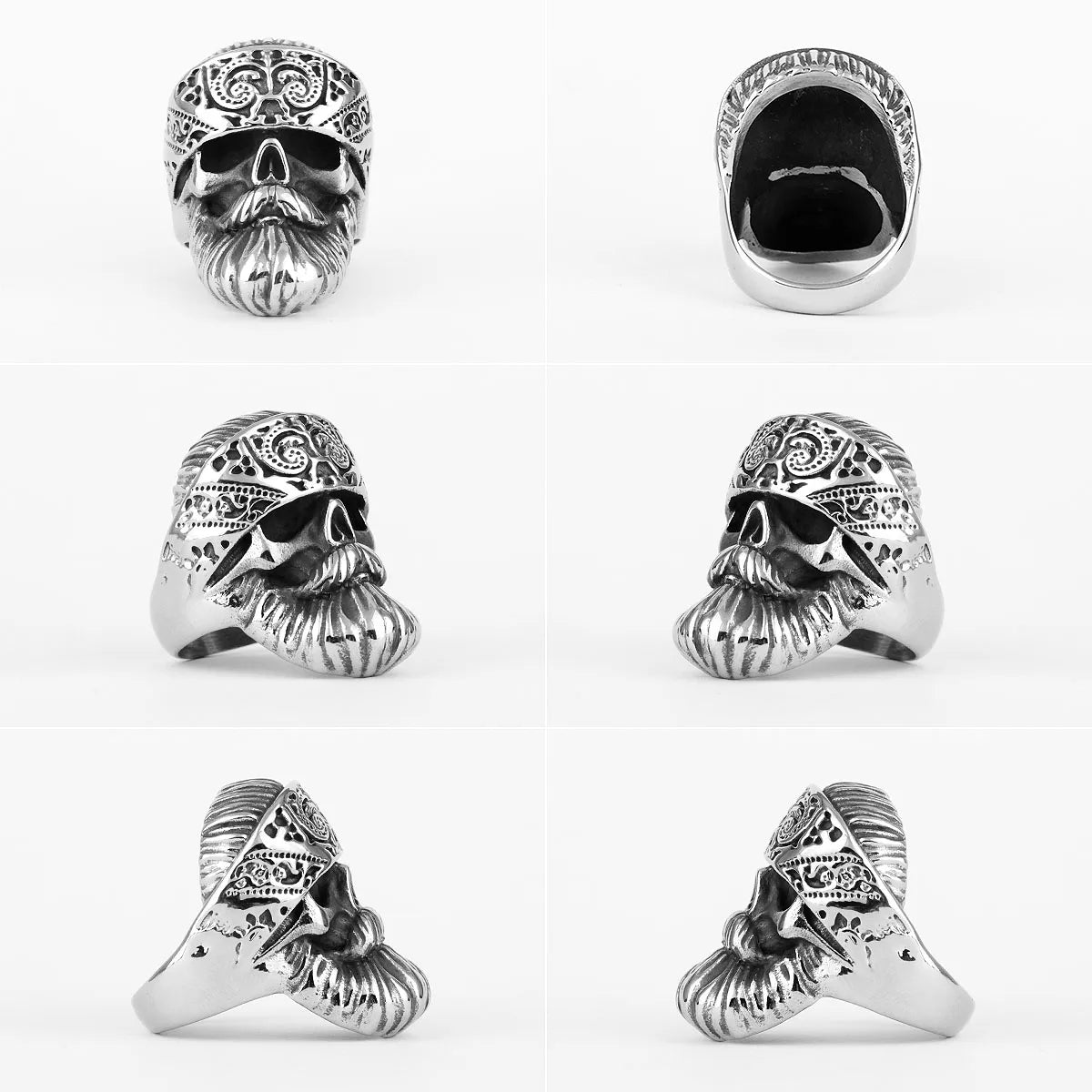 Big Beard Hippie Skull Ring – Stainless Steel Punk Biker Jewelry for Men, Cool Hip‑Hop Style Gift