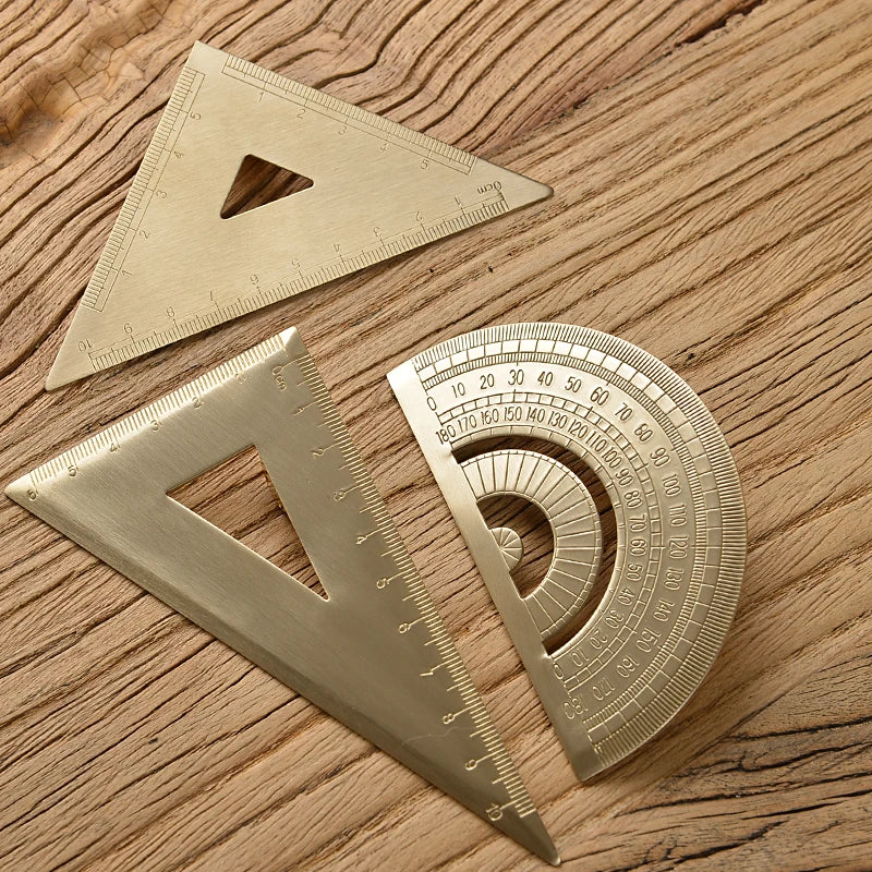 Vintage Brass Measuring Ruler – Creative Straight Ruler, Triangle Ruler & Protractor for Students and Stationery Lovers