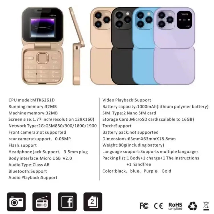 I16 Pro Dual Sim Non-Smartphone I16 Flip Phone Button Elderly 2g Phone  Feature F15 Mini Folding Mobile Phone