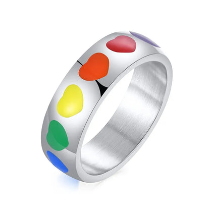 6mm Stainless Steel Rainbow Heart Eternity Ring – Enamel Unisex Wedding Band (Size 5–12)