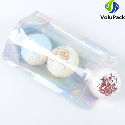 100PCS Smell Proof Plastic Package Ziplock Bags Clear Front Holographic Silver  Pouches Recyclable Metallic Mylar Storage Bags
