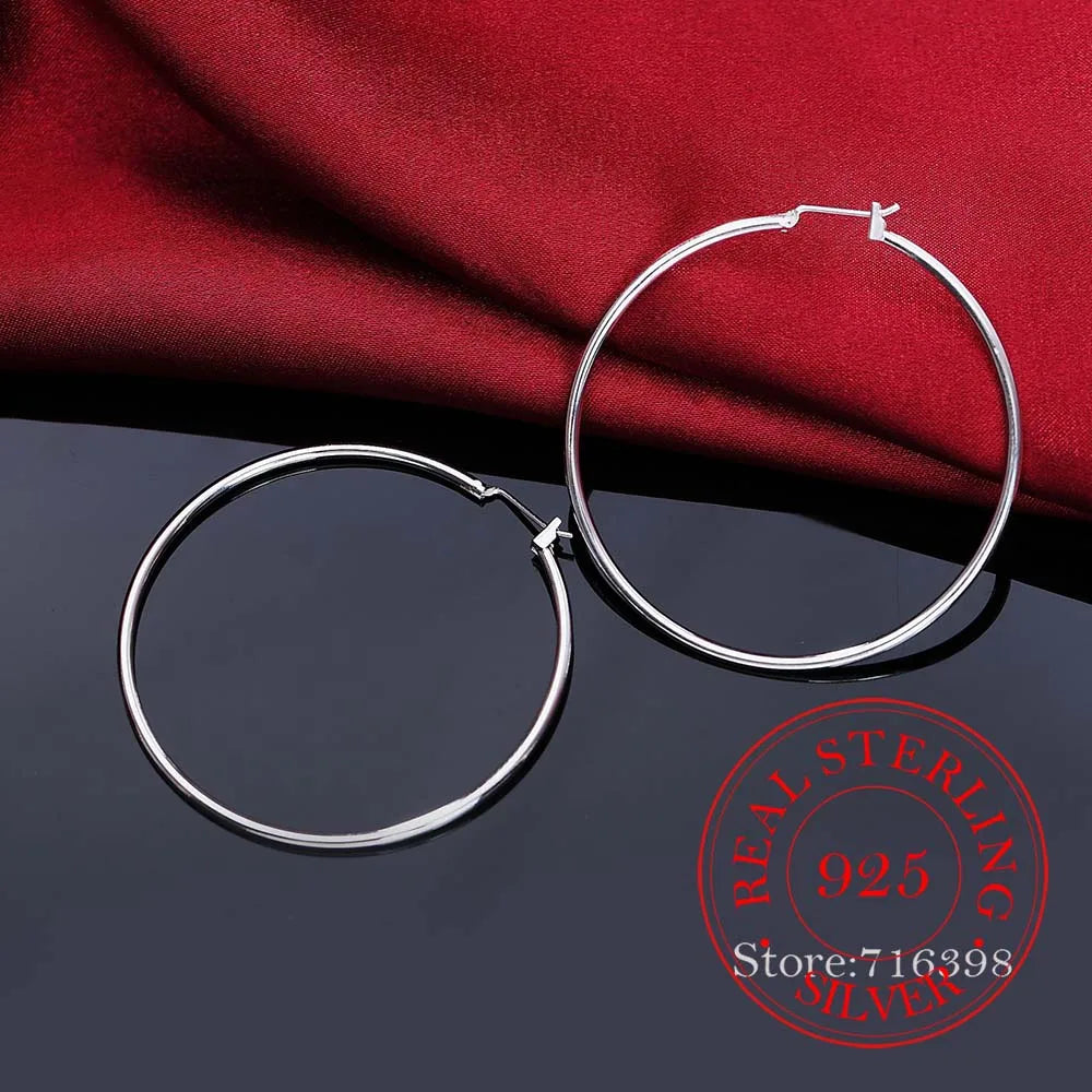 100% 925 Sterling Silver Hoop Earrings – Korean Smooth Big Circle Vintage Style for Women, Party & Wedding Jewelry Gift