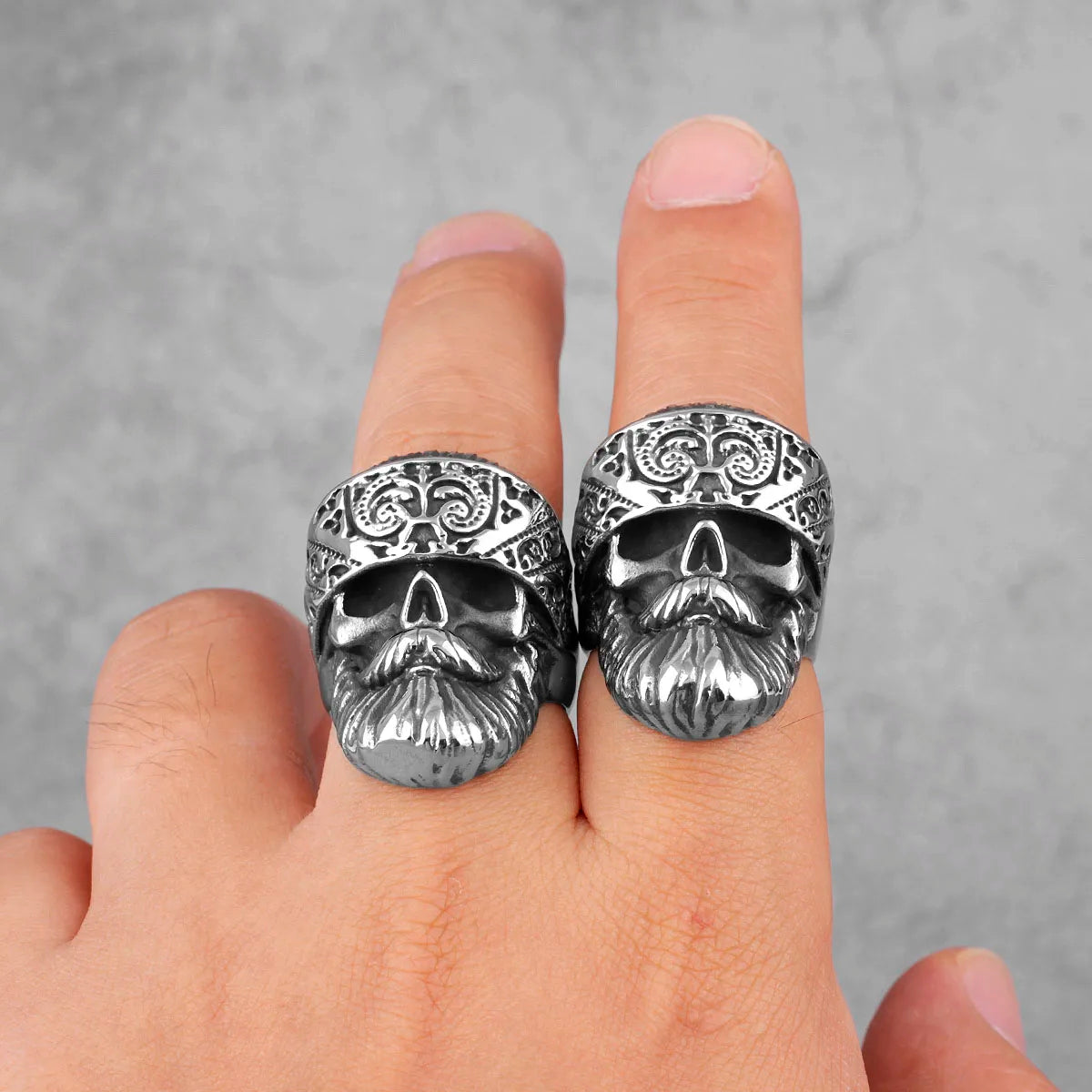 Big Beard Hippie Skull Ring – Stainless Steel Punk Biker Jewelry for Men, Cool Hip‑Hop Style Gift
