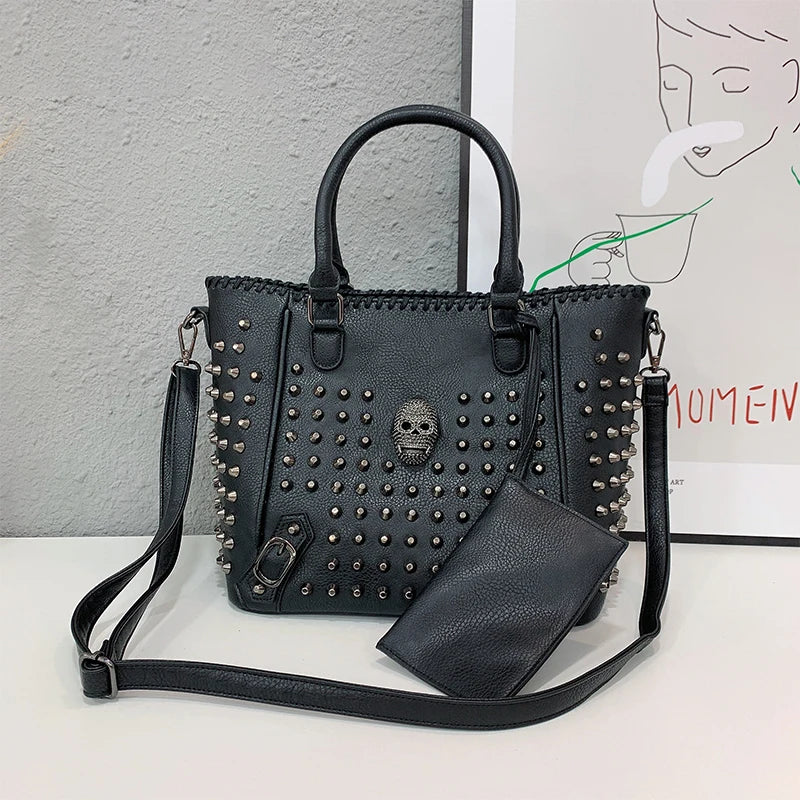 Women’s Leather Crossbody Bag – Skull Rivet Gothic Style, Large Capacity
