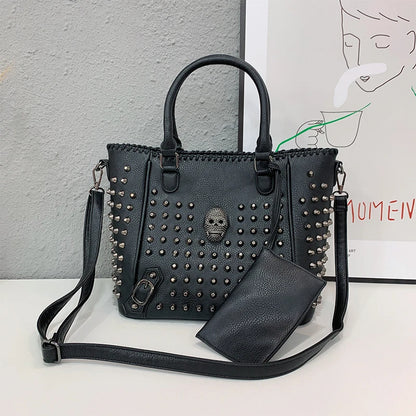Women’s Leather Crossbody Bag – Skull Rivet Gothic Style, Large Capacity