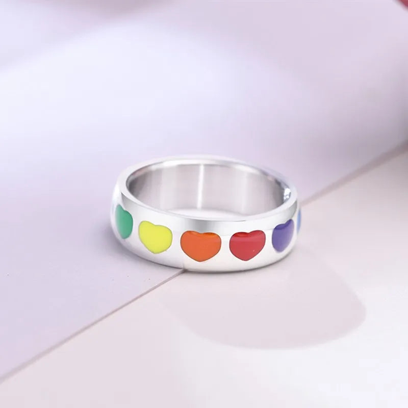6mm Stainless Steel Rainbow Heart Eternity Ring – Enamel Unisex Wedding Band (Size 5–12)