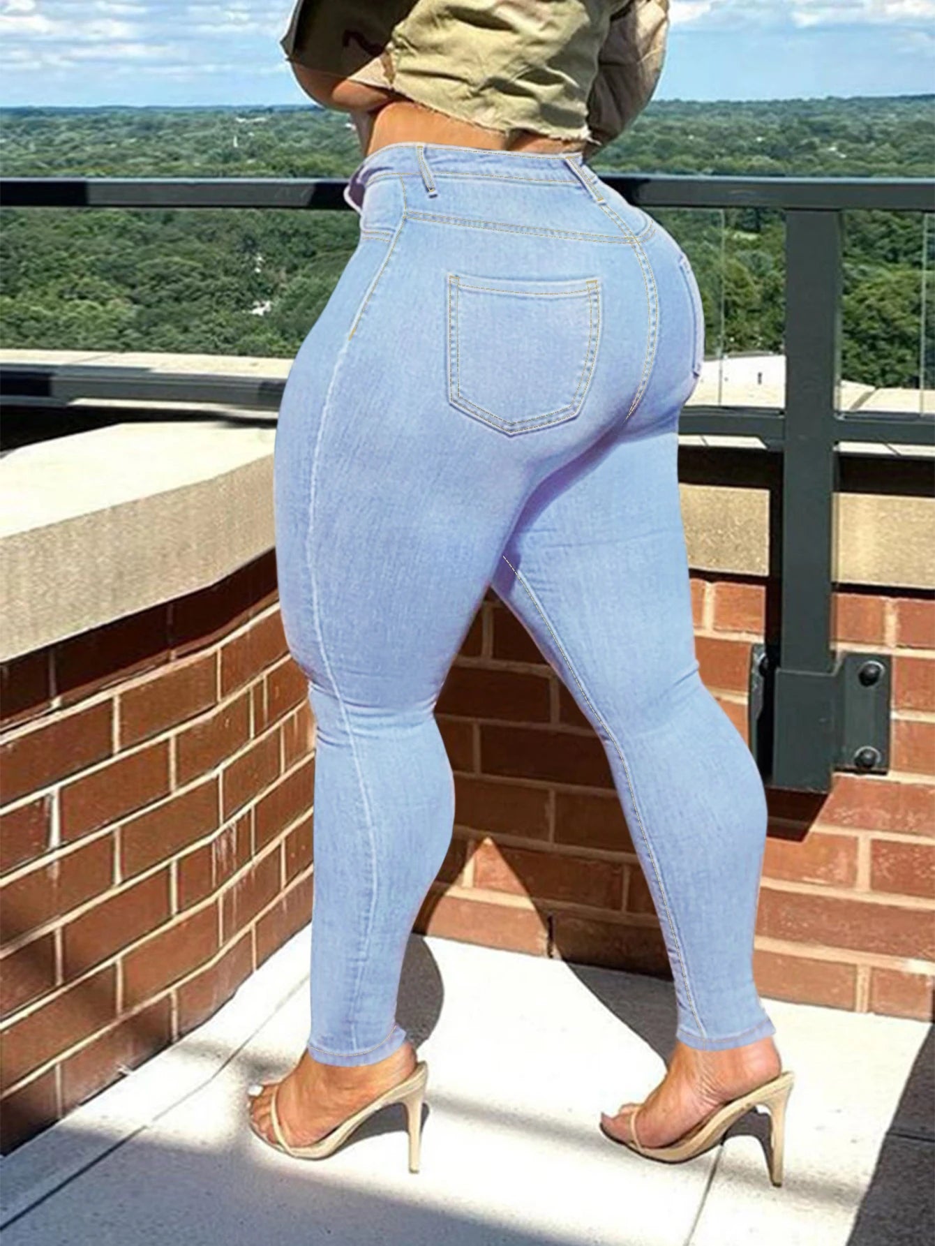 Low Price High Waist Skinny Casual Dark Button Fly Tight Distressed Jeans for Plus Size Women with Broken Hole 10 Word Limit