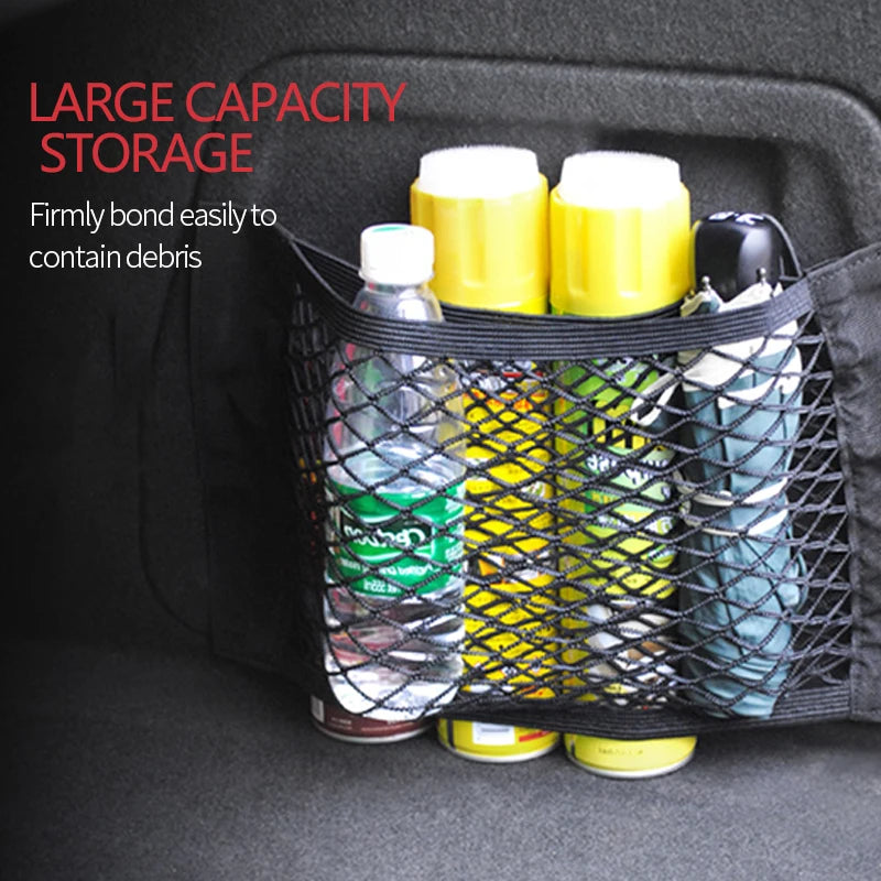Universal Car Trunk Mesh Organizer – Tailgate Storage Net & Seat‑Back Pocket with Magic Tape