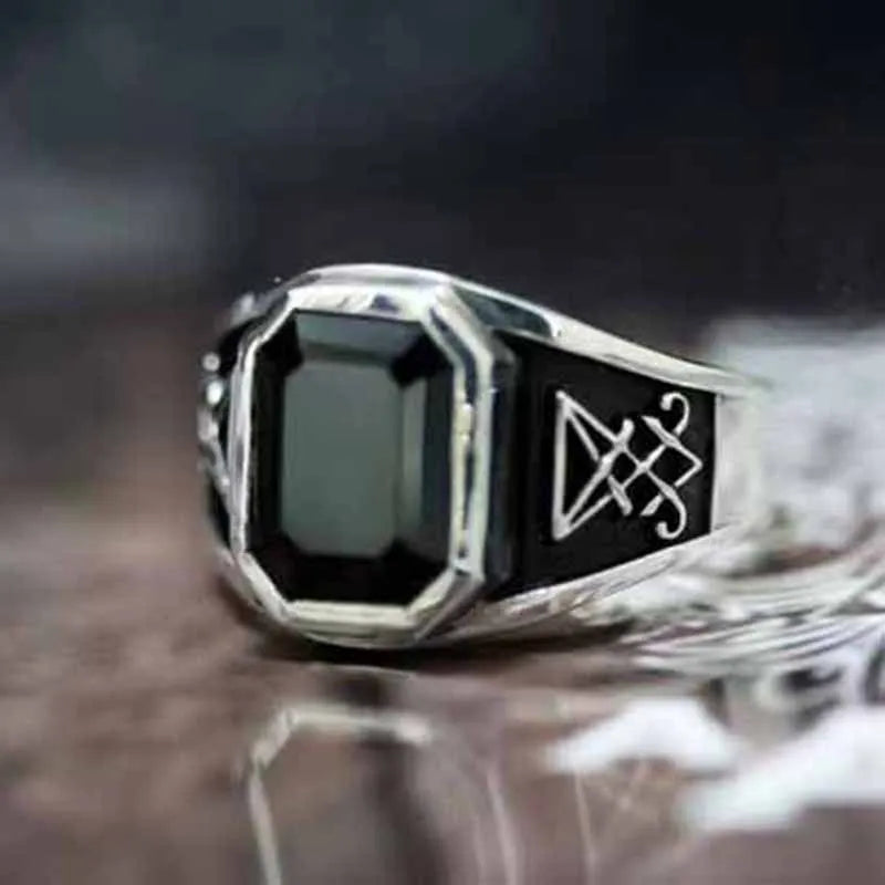 Vintage Lucifer Seal Signet Ring – Gothic Punk 316L Stainless Steel Black Stone