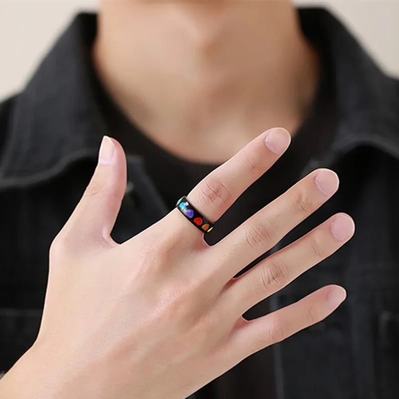 6mm Stainless Steel Rainbow Heart Eternity Ring – Enamel Unisex Wedding Band (Size 5–12)
