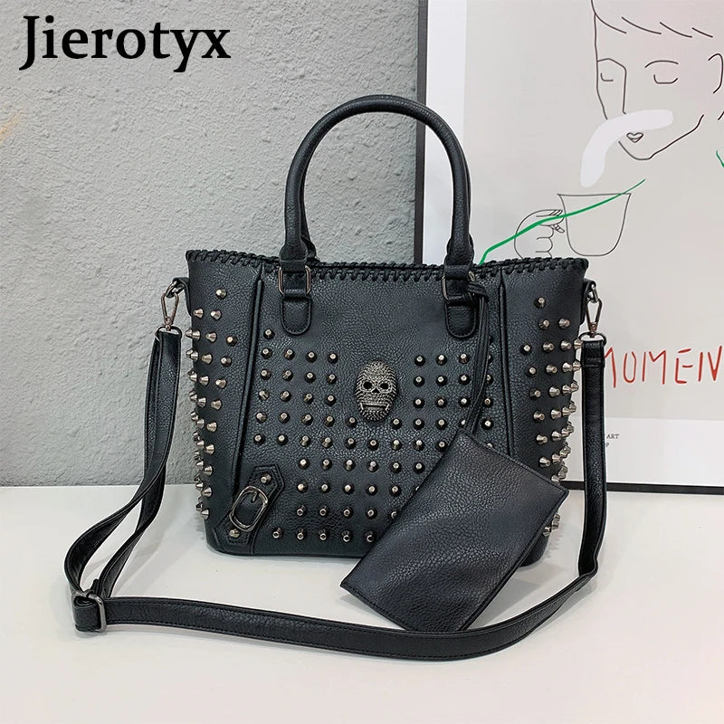 Women’s Leather Crossbody Bag – Skull Rivet Gothic Style, Large Capacity