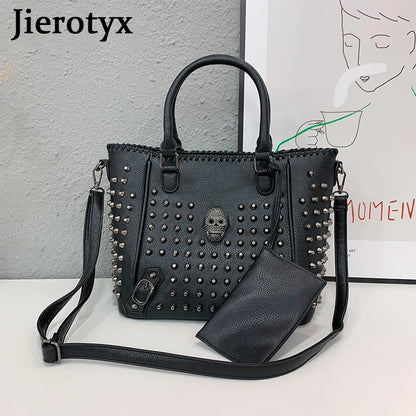 Women’s Leather Crossbody Bag – Skull Rivet Gothic Style, Large Capacity
