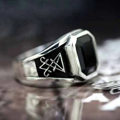 Vintage Lucifer Seal Signet Ring – Gothic Punk 316L Stainless Steel Black Stone