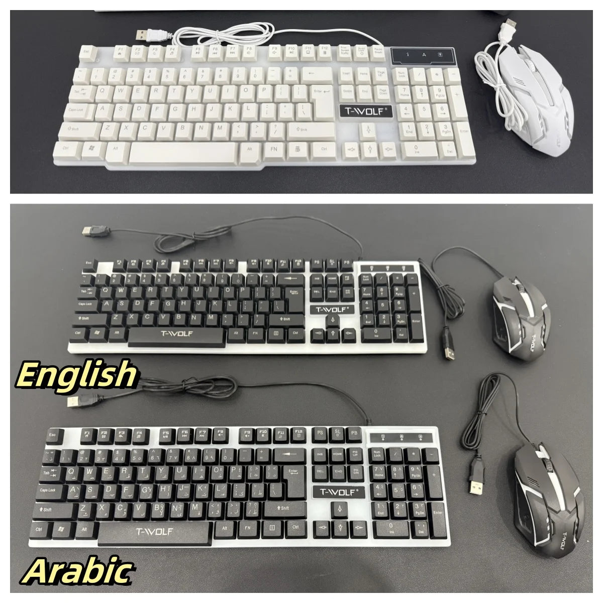 T-WOLF TF230 White Black Wired Gaming Keyboard Mouse Set 104 Keys Gaming Mouse Keyboard for Office Work Computer Accessories