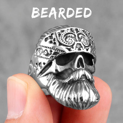 Big Beard Hippie Skull Ring – Stainless Steel Punk Biker Jewelry for Men, Cool Hip‑Hop Style Gift