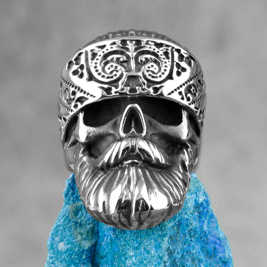 Big Beard Hippie Skull Ring – Stainless Steel Punk Biker Jewelry for Men, Cool Hip‑Hop Style Gift