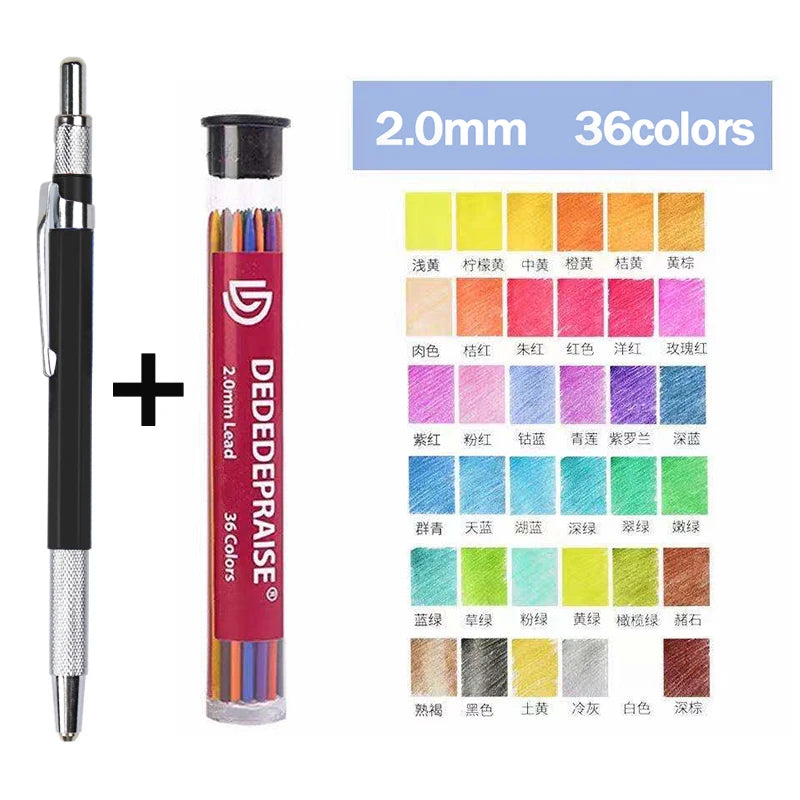 Mechanical Sketch Pencil 2.0mm – Includes 36‑Color Drawing Leads & Replacement Lead Set