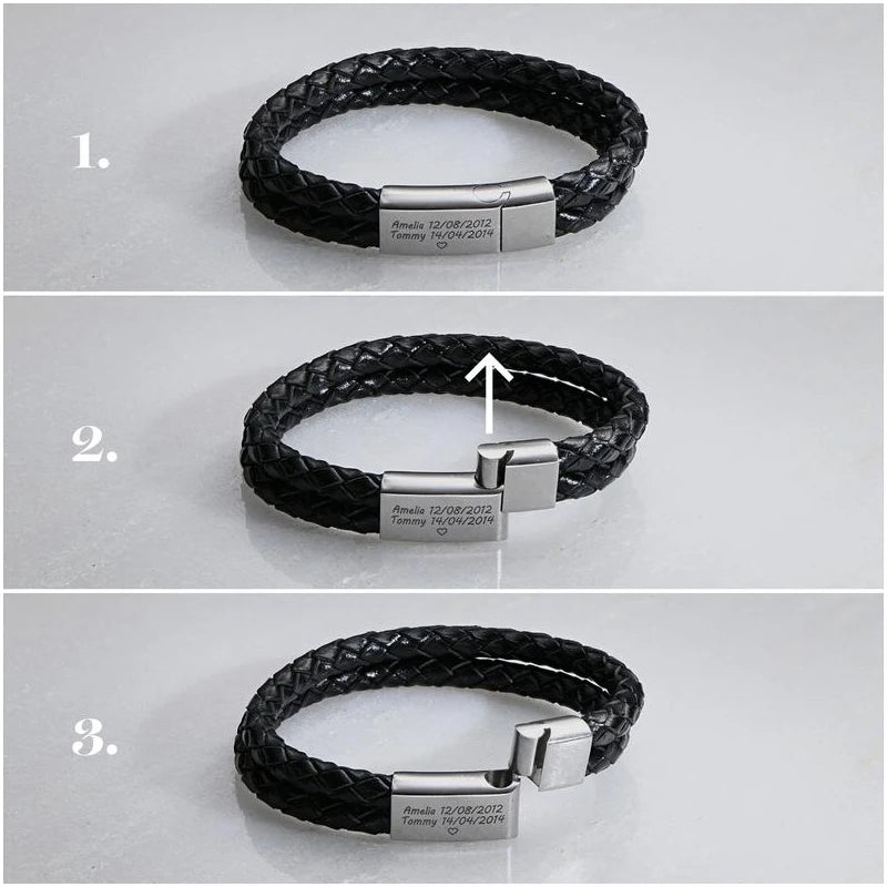 Personalized Black Leather Explorer Bracelet For Men Custom Engraved Name Date Strong Magnetic Clasps Bracelet Father's Day Gift