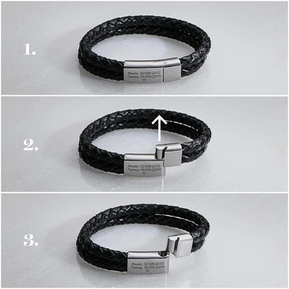 Personalized Black Leather Explorer Bracelet For Men Custom Engraved Name Date Strong Magnetic Clasps Bracelet Father's Day Gift