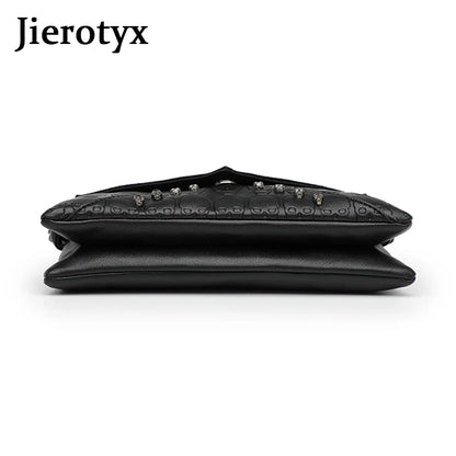JIEROTYX Women's Fashion Tote Skull Prints And Skull-Shaped Rivets Messenger Travel Crossbody Femininas Black Punk Handbags
