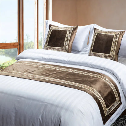 High-grade Pure Color Embroidery Bed Runners New Chinese Style Velvet Throw Runners Golden Red Bed Flag Covers Pillowcases