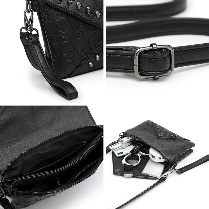 JIEROTYX Women's Fashion Tote Skull Prints And Skull-Shaped Rivets Messenger Travel Crossbody Femininas Black Punk Handbags