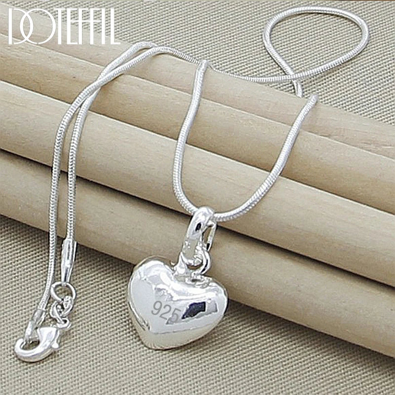Sterling Silver 925 Solid Small Heart Pendant Necklace 16-30 Inch Snake Chain For Women Wedding Charm Fashion Jewelry