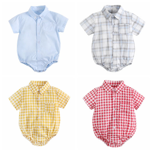 Baby Boys Bodysuits Short Sleeve Plaid Cotton