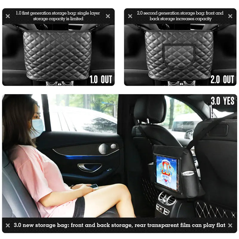 Newest Car Handbag Holder Interior Seat Middle Storage Bag PU Leather Auto Handbag Support Universal Rear Seat Ipad Phone Holder