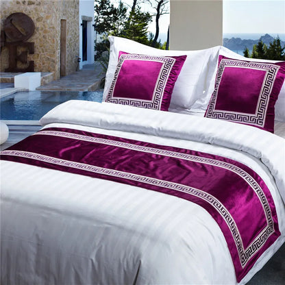 High-grade Pure Color Embroidery Bed Runners New Chinese Style Velvet Throw Runners Golden Red Bed Flag Covers Pillowcases