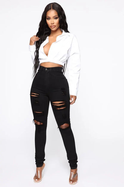 Women Fashion High Waist Denim Ripped Slim Stretch Jeans XS-XL
