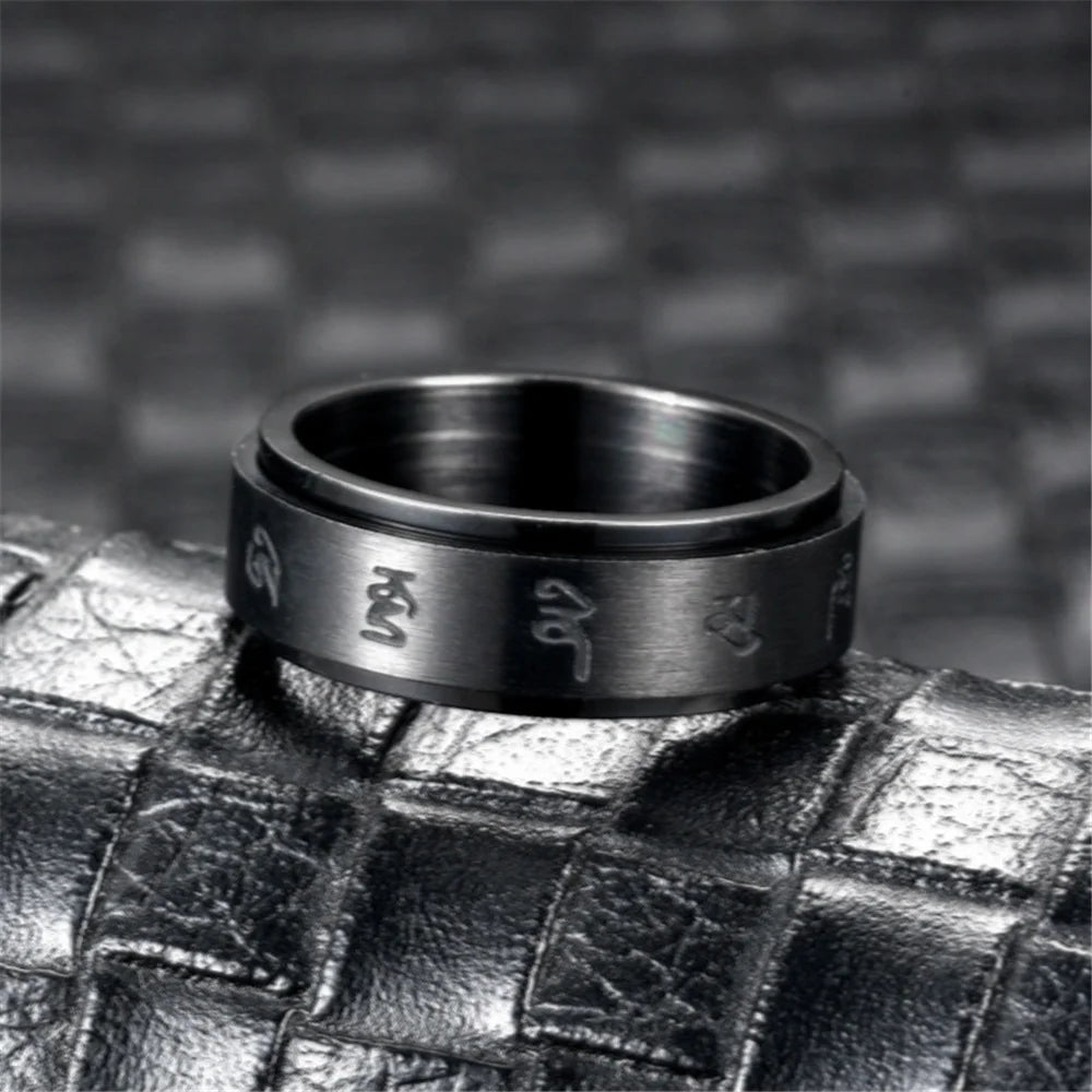 Anxiety Fidget Spinner Buddhism Mantra Rings 8mm Black Color Stainless Steel Spinning Rotating Ring for Men Women Jewelry Gift