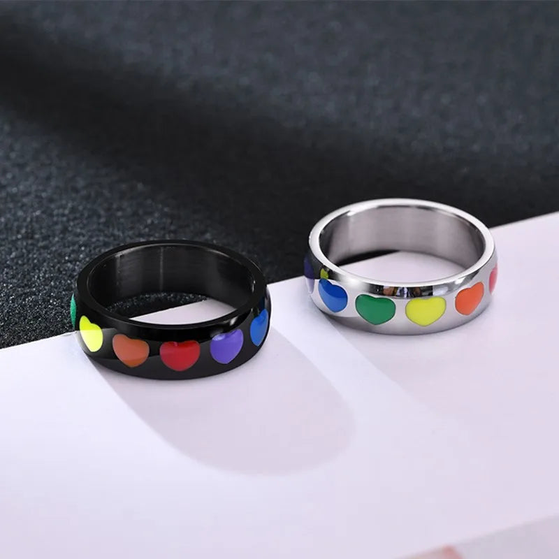 6mm Stainless Steel Rainbow Heart Eternity Ring – Enamel Unisex Wedding Band (Size 5–12)