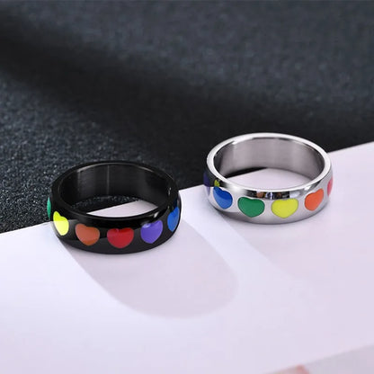 6mm Stainless Steel Rainbow Heart Eternity Ring – Enamel Unisex Wedding Band (Size 5–12)